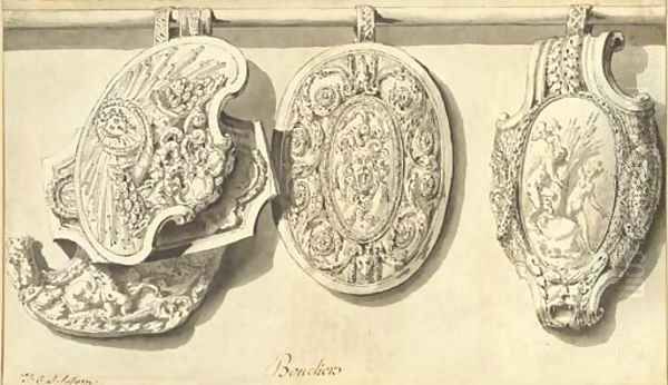 Five shields hanging from a pole - view 1