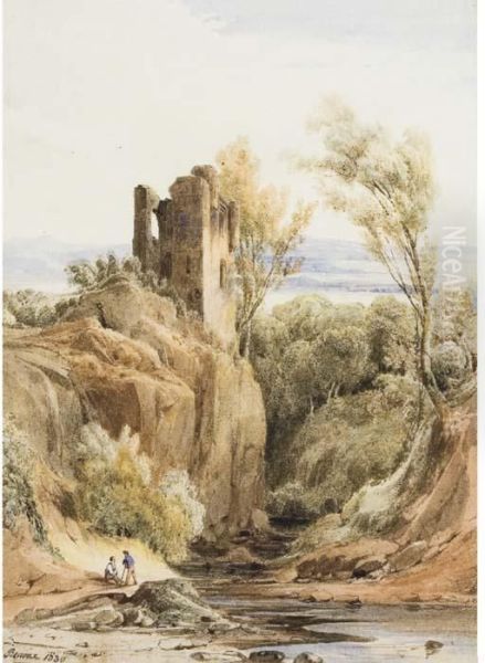 Deux Personnages Discutant Dans Un Paysage Avec Ruines Et Cours D'eau - view 1