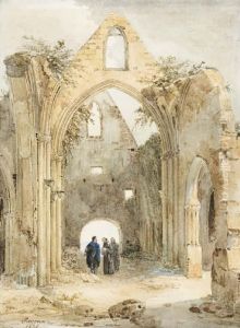 Trois Hommes Dans Une Eglise En Ruines by Charles Renoux