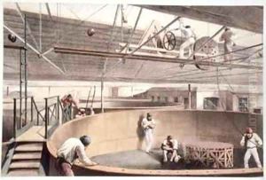 Coiling the telegraph cable in the tanks at the works in Greenwich Coiling the telegraph cable in the tanks at the works in Greenwich