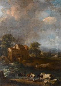 A Traveller Watering His Horses At Ariver
