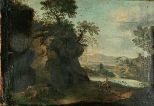 Travellers By A Cave In An Extensivelandscape by Pandolfo Reschi