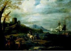 Paesaggio Costiero Con Cavalieri E Velieri Alla Fonda