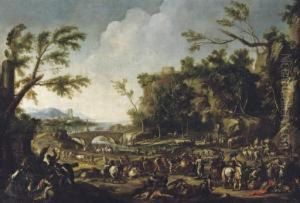 Soldiers Robbing Merchants In An Extensive Rocky River Landscape