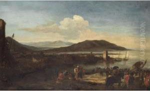 An Extensive Mediterranean Harbour Scene by Pandolfo Reschi