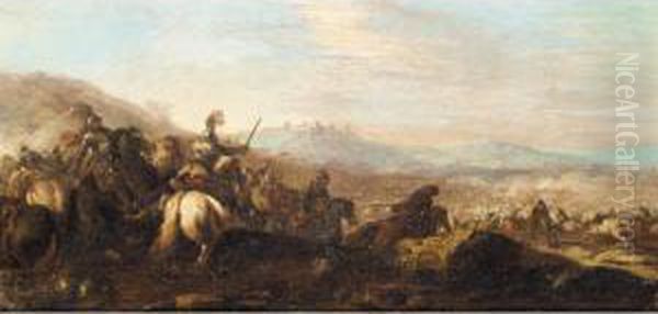 Cavalry Battle With A Town In The Distance To The Right - view 1