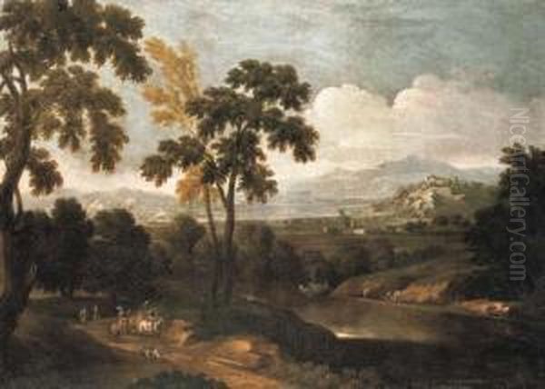 An Extensive River Landscape With A Hunting Party - view 1