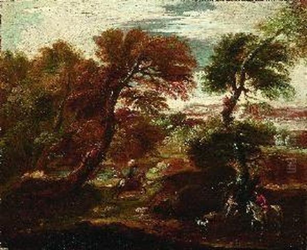 Paesaggio Boschivo Con Cavalieri Sulkla Strada Lungo Il Fiume - view 1