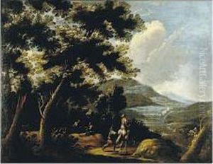 Travelers In An Extensive Landscape: A Pair Of Paintings by Pandolfo Reschi