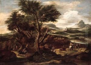 A Cavalry Troop In A Wooded River Landscape With A Hilltop Townbeyond by Pandolfo Reschi