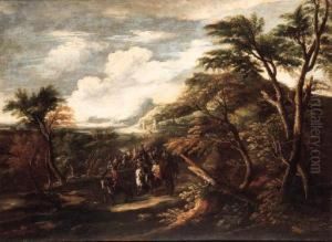 A Cavalry Troop In A Wooded Landscape, A Town Beyond by Pandolfo Reschi