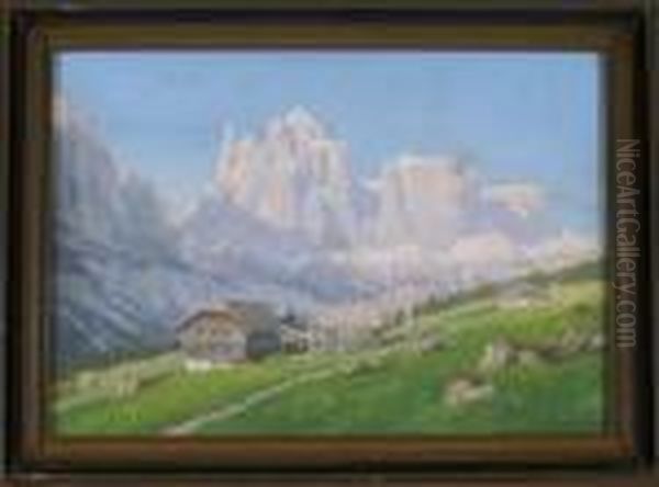 Sonniger Tag In Den Dolomiten - Blick Uber Einige Bergbauernhofe Auf Eine Berggruppe - view 1