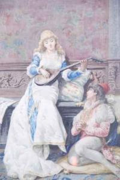Italian The Lute Watercolour Signedr Resio - view 1