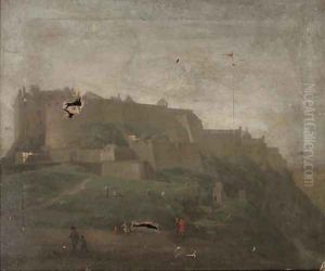 Figures before a Castle, thought to be Edinburgh by Hendrick Danckerts