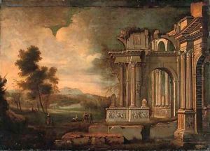 A capriccio of classical ruins with peasants conversing by a stream by Hendrick Danckerts