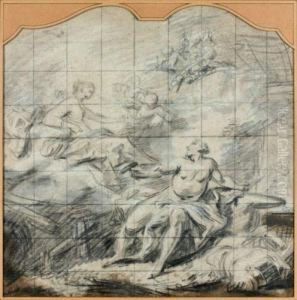 Venus Rend Visite A Vulcain Dans Sa Forge
 Crayon Noir Et Craie Blanche Sur Papier Beige, Mis Au Carreau