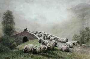 Highland Bridge with Shepherd and Flock by John Robert Keitley Duff