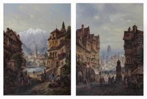 Continental Town Scene; An Alpine Village by Felice A. Rezia