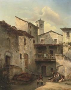 A Courtyard In An Italian Village by Felice A. Rezia