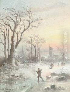 Figures Skating On A Frozen Lake; Figures Walking Down A Wooded Path by Felice A. Rezia