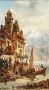 Italian Lake Scene; With A Companion, A Town View by Felice A. Rezia