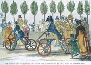 A velocipede race at Jardin du Luxembourg in 1818 A velocipede race at Jardin du Luxembourg in 1818