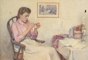 Interior Scene With Young Lady Sewing by Henry Maynell Rheam