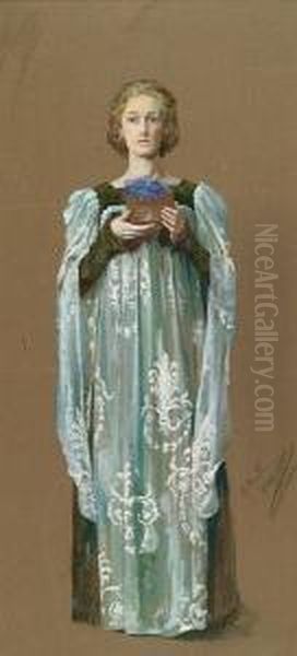 Full Length Portrait Of A Lady Holding A Bowl Of Violets - view 1