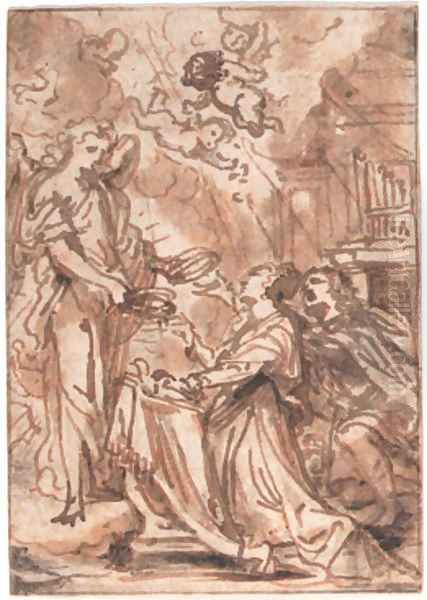An angel presenting crowns to a kneeling couple in a church, putti above - view 1