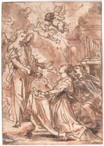 An angel presenting crowns to a kneeling couple in a church, putti above
