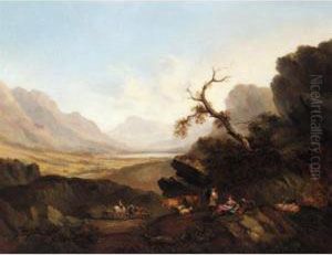 Drovers Resting On A Mountainous Landscape by Joseph Rhodes