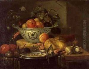 Still life with fruit a blue and white porcelain bowl a herring on a pewter plate a glass beaker shrimps and onions by Gerhardt van Duynen