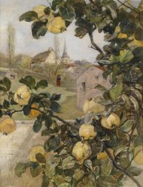 Branch Of A Quince Tree Withview Of A Small Village In Luxembourg - view 1
