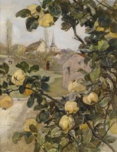 Branch Of A Quince Tree Withview Of A Small Village In Luxembourg