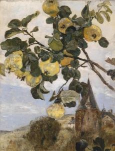 Branch Of A Quince Tree Setagainst A Landscape