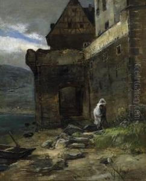 Gondorf Castle On The Moselle 
River. Signed Bottom Right: Ribarz. Oil On Canvas. 55 X 46cm. Framed. - view 1