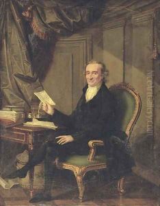 Portrait of Thomas Paine (1737-1809), small full-length, in a dark coat and breeches, seated at a writing table, in an interior