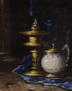 Nature Morte Au Pot En Ceramique Et A La Coupe by Germain Theodure Clement Ribot