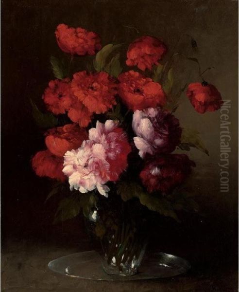 Peonies And Poppies In A Glass Vase - view 1