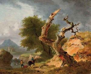 A mountainous landscape with figures by a stream near a dead tree by Jean Louis Demarne, Called Demarnette