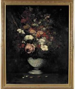 Bouquet De Fleurs Variees Dans Un Vase De Faience Blanche Et Bleue