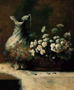 A Basket Of Summer Flowers And A Waterjug On A Table by Germain Theodure Clement Ribot