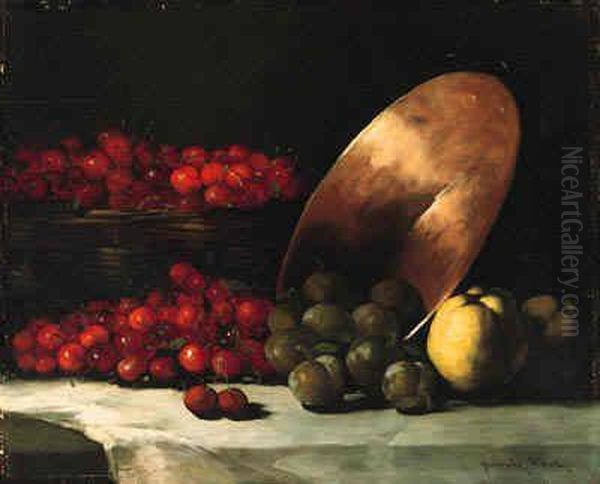A Still Life With Cherries, Plums And Copper Bowl - view 1