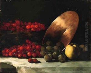 A Still Life With Cherries, Plums And Copper Bowl