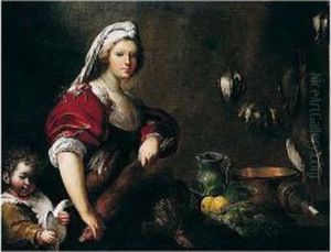 A Maidservant With A Boy In A 
Larder, A Still Life Of Artichokes, Lemons And Other Kitchen Equipment 
On A Table Beside Them