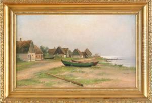 Strandbild Med Batar, Signerad L. Richarde by Otto Ludvig Richarde