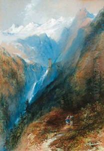Figures on a track with a waterfall beyond by Thomas Colman Dibdin