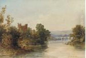 Castle Ruins On The Banks Of A River, A Bridge Beyond