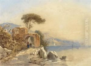 Travellers Passing Under An Arch By A Continental Lake