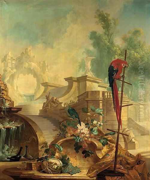 A capriccio of an Italianate garden with parrots, fruit, flowers, bottles of wine and drapery in the foreground - view 1